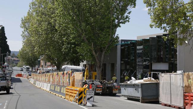 One lane of Brisbane Street remains closed to accommodate building works. Update on the progress of work being done on the old forestry building to make it ready for staff and students from UTAS. Picture: Nikki Davis-Jones