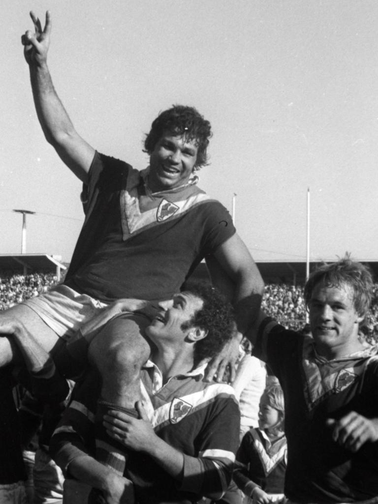 Captain Arthur Beetson chaired from field after Easts defeated Canterbury in the 1974 first grade grand final at the SCG. Picture: Archive News Ltd