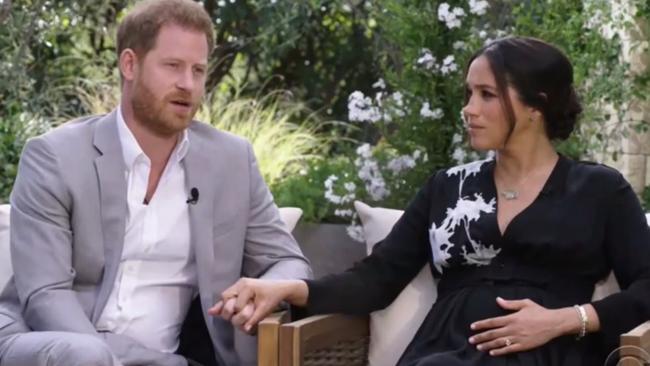 Oprah interviews Prince Harry and Meghan Markle. Picture: Screengrab