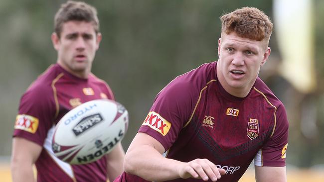 Dylan Napa during Queensland State of Origin training. Photo: Peter Wallis