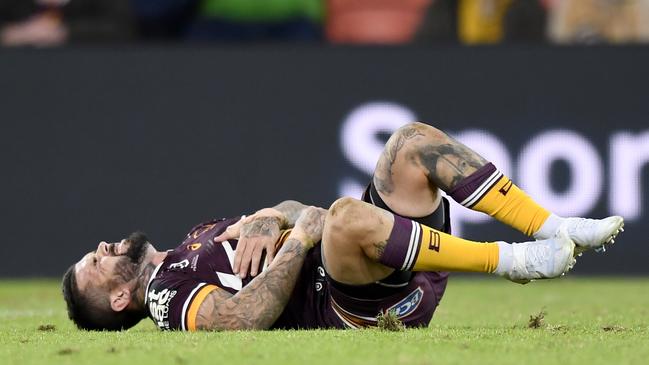 Reynolds clutches his ribs during their stirring Round 14 win over Canberra. Picture: NRL Images