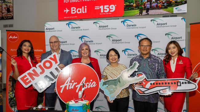 Stewardess Najla Anisa, Rob Porter Airport Development Group, Minister Robyn Cahill, Veranita Yosephine CEO AirAsia Indonesia, Bagus Hendraning Indonesia Consul NT and Yuki Sukma. Picture: Pema Tamang Pakhrin