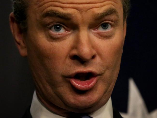 Education Minister Christopher Pyne, accompanied by Belinda Robinson from Universities Australia, holds a press conference at Parliament House in Canberra today.