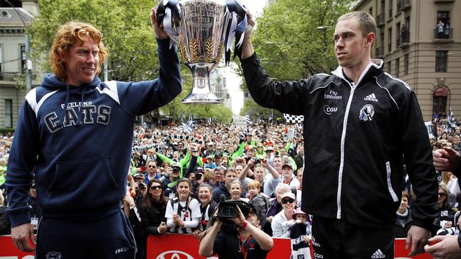 Geelong Captain Cameron Ling and Collingwood Captain Nick Maxwell at the 2011 AFL Grand Final Parade.