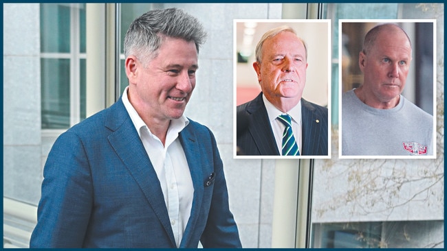 Nine’s departing CEO Mike Sneesby, left, and, inset, former chair Peter Costello, left, and ex-news boss Darren Wick.