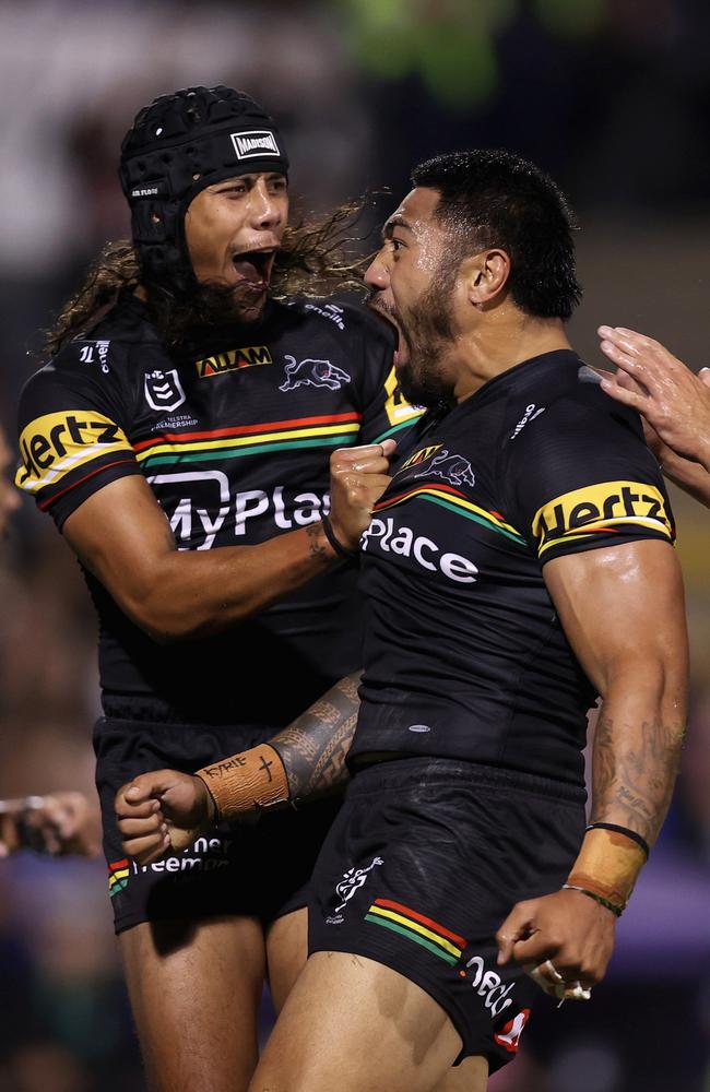 Moses Leota of the Panthers (R) celebrates scoring a try with Jarome Luai of the Panthers during the round two NRL match between Penrith Panthers and Parramatta Eels. Picture: Getty Images