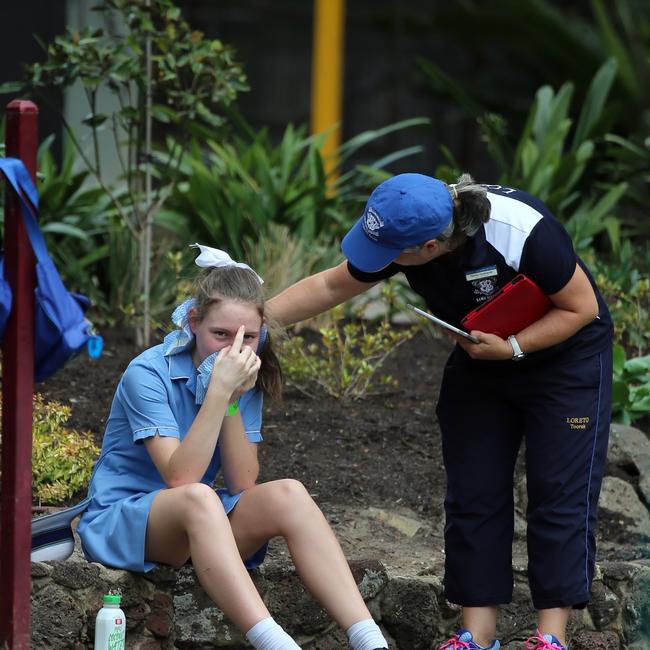 A young student was overcome before Katy Perry arrived at Mandeville Hall Girls School. Picture: Alex Coppel