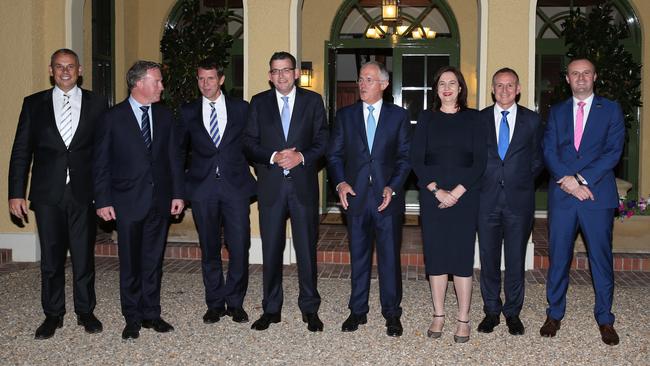 PM Malcolm Turnbull welcomed state and territory leaders for dinner at The Lodge yesterday. Picture: Ray Strange.