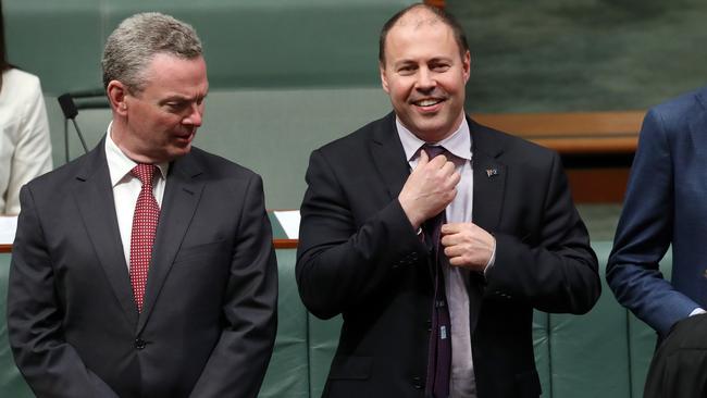 Christopher Pyne with Treasurer Josh Frydenberg during Question Time. Picture: Gary Ramage