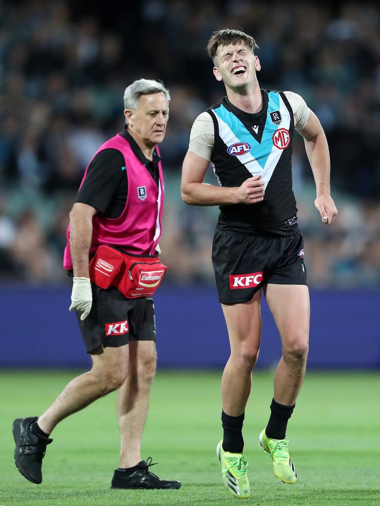 Zak Butters after injuring his ankle. Picture: Sarah Reed