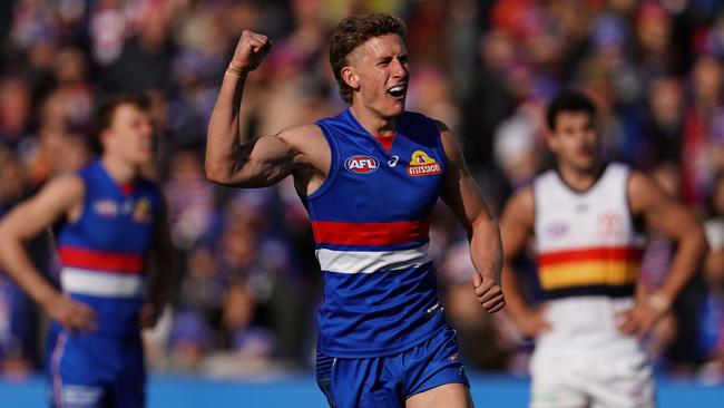 Bulldogs young gun Aaron Naughton kicks a goal against the hapless Crows in the final round. Picture: AAP Image/Scott Barbour