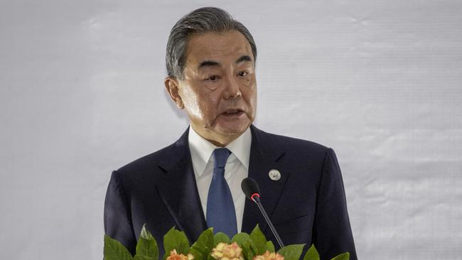 China’s Foreign Minister Wang Yi in Vientiane, Laos on Thursday. Picture: AP