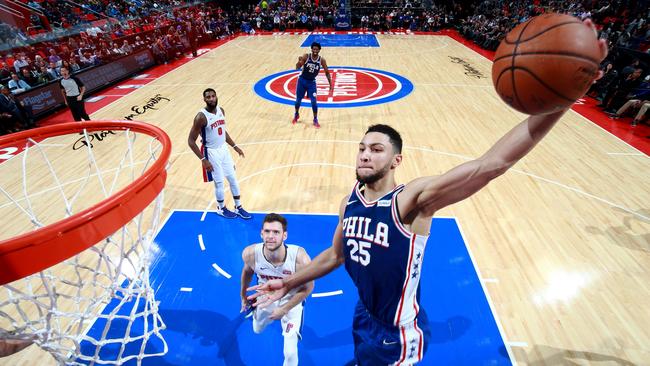 Ben Simmons dunks the ball against the Detroit Pistons as his spectacular form continues.