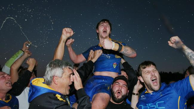 Fitzpatrick celebrating with fans after Toukley won the 2023 grand final over Erina. Picture: Sue Graham