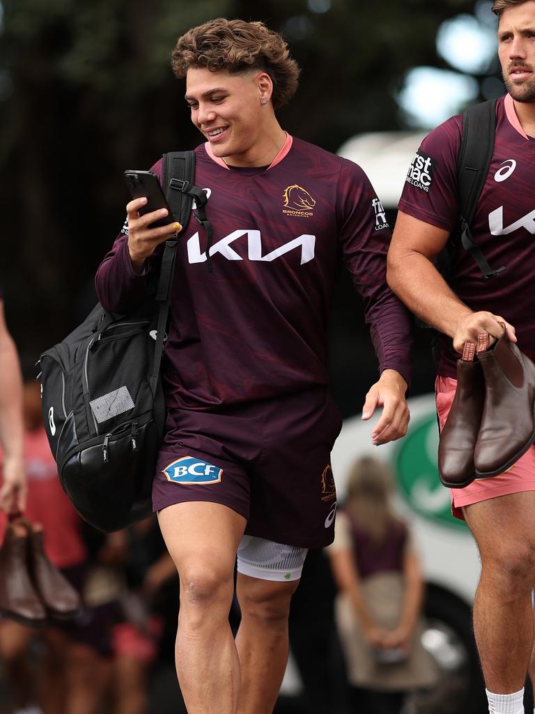 Reece Walsh arrived at training with a guard on his leg. Picture: Matt King/Getty Images