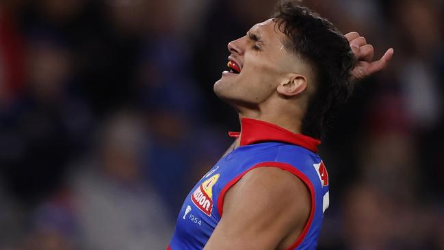 MELBOURNE, AUSTRALIA - AUGUST 02:  Jamarra Ugle-Hagan of the Bulldogs celebrates a goal during the round 21 AFL match between Footscray Football Club and Melbourne Demons at Marvel Stadium, on August 02, 2024, in Melbourne, Australia. (Photo by Darrian Traynor/Getty Images)