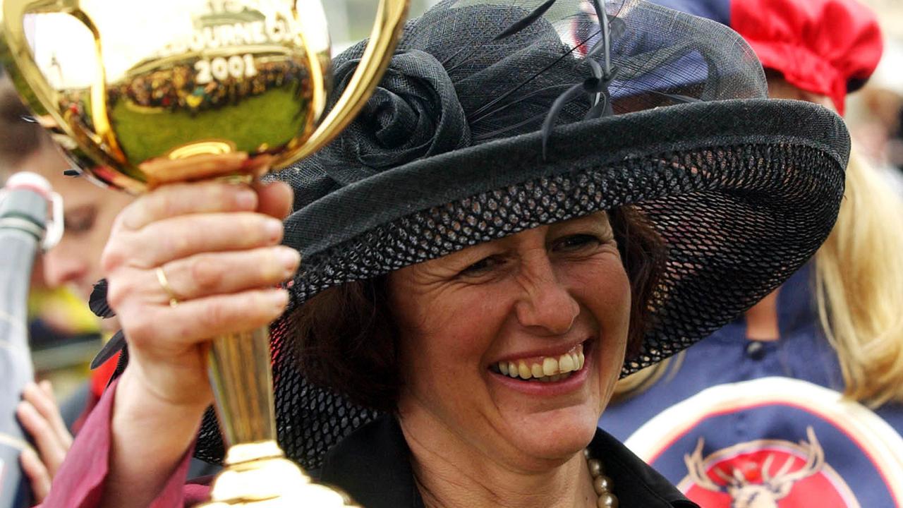 Melbourne, November 6, 2001. Sheila Laxon trainer of Melbourne Cup winning Ethereal ridden by jockey Scott Seamer celebrates the win at Flemington Racecourse today. (AAP Image/Julian Smith) NO ARCHIVING