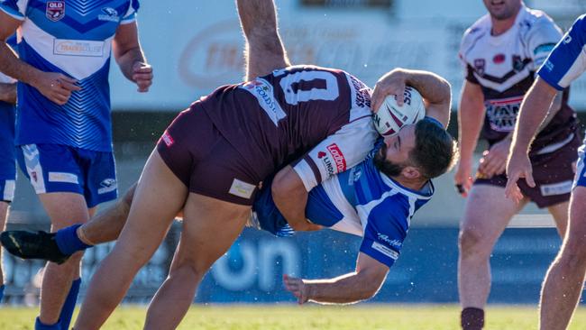 Tugun hooker Will Johnstone, pictured against Burleigh, ended the game against Runaway Bay in a neck brace. Picture: Kris Matthews