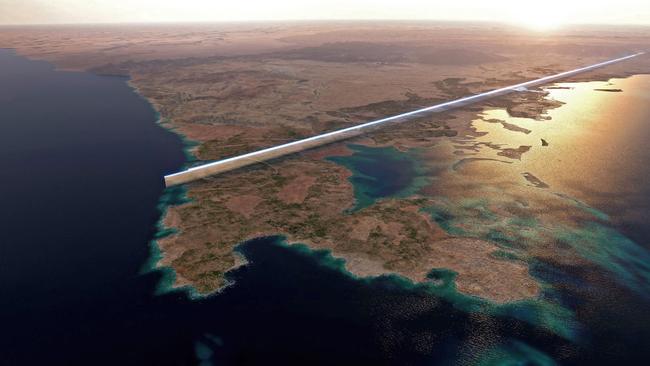 An artist's impression of Neom’s The Line which is planned to feature two massive, mirror-encased skyscrapers that extend over 170 kilometres of desert and mountain terrain. (Photo by NEOM / AFP).