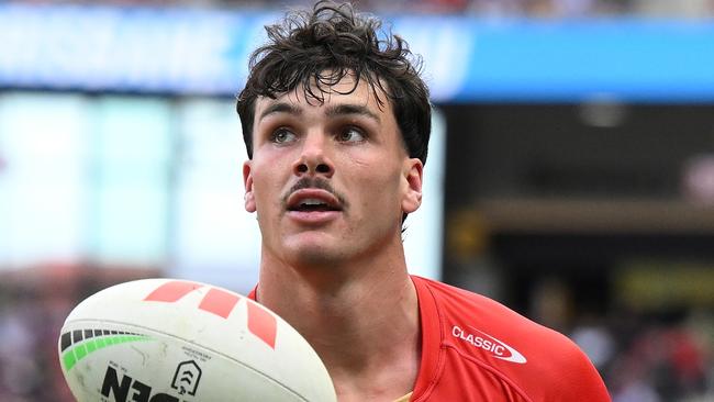 BRISBANE, AUSTRALIA - AUGUST 11: Herbie Farnworth of the Dolphins celebrates scoring a try during the round 23 NRL match between Dolphins and New Zealand Warriors at Suncorp Stadium, on August 11, 2024, in Brisbane, Australia. (Photo by Matt Roberts/Getty Images)