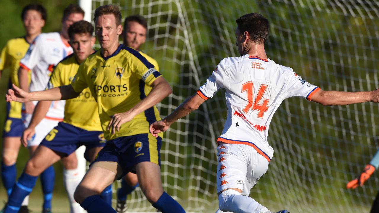 NPL Queensland action between Gold Coast United and Lions FC at Coplick's Family Sports Park in Tallebudgera. Lions FC’s Keegan Jelacic lines up a left-footer. Picture: Steve Holland