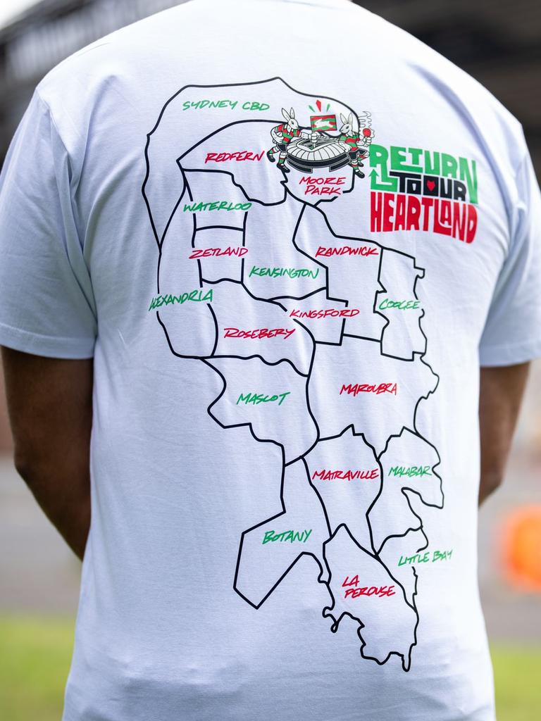 The Return To Our Heartland T-shirt that outlines a map of the South Sydney rugby league district. Credit: Supplied.