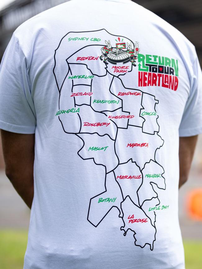 The Return To Our Heartland T-shirt that outlines a map of the South Sydney rugby league district. Credit: Supplied.