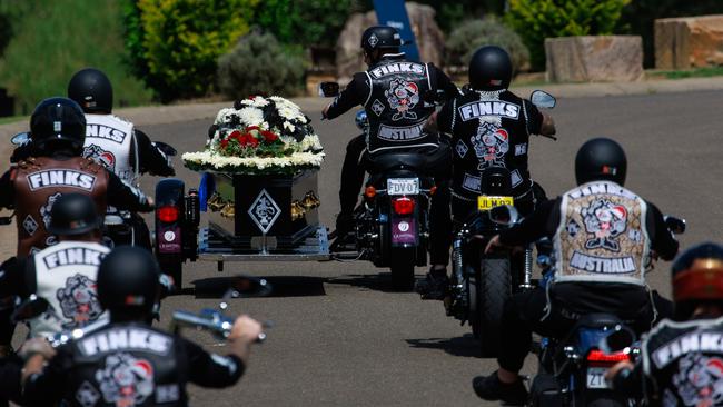 A procession of Finks bikies followed Goodworth’s coffin through Pinegrove Memorial Park in Minchinbury.