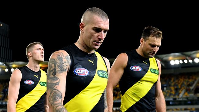 BRISBANE, AUSTRALIA - MAY 18: Richmond Tigers leave the field after their defeat during the round 10 AFL match between Brisbane Lions and Richmond Tigers at The Gabba, on May 18, 2024, in Brisbane, Australia. (Photo by Albert Perez/AFL Photos via Getty Images)