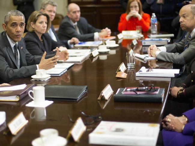 President Barack Obama meets with members of this national security team and cybersecurity advisers in the Roosevelt Room of the White House in Washington yesterday. Picture: Pablo Martinez Monsivais