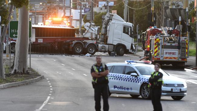 The allegedly stolen car crashed into the truck at the intersection of High and Bell streets. Picture: Tony Gough