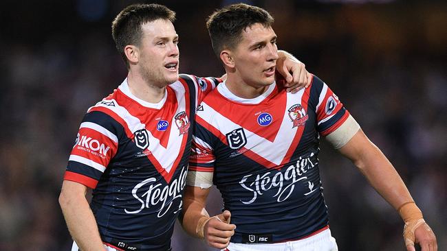 Luke Keary and Victor Radley of the Roosters during the NRL Preliminary Final match against Melbourne Storm.