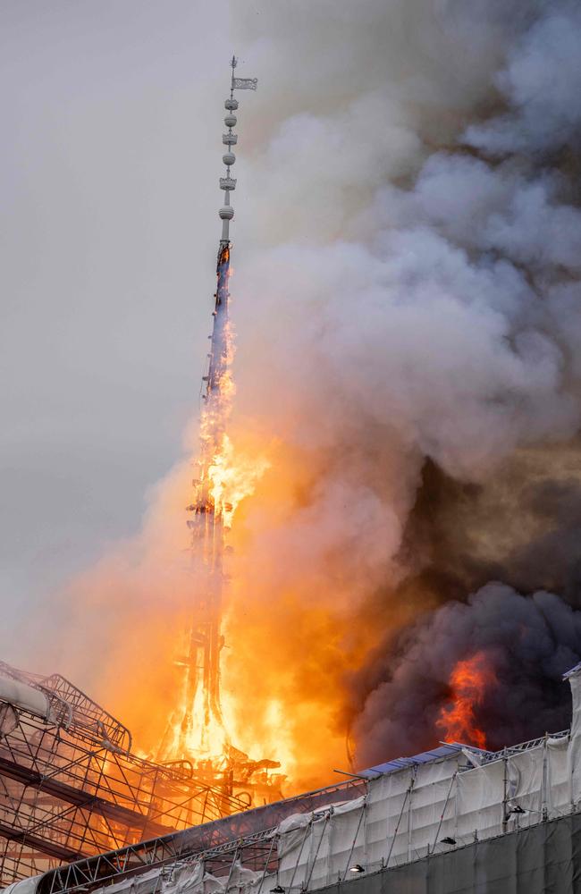 The spire collapsed at 8.30am on Tuesday, local time. Picture: Ida Marie Odgaard / Ritzau Scanpix / AFP