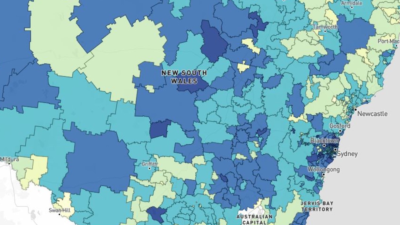 A map showing the rate of double vaccinations in NSW. Picture: NSW Health