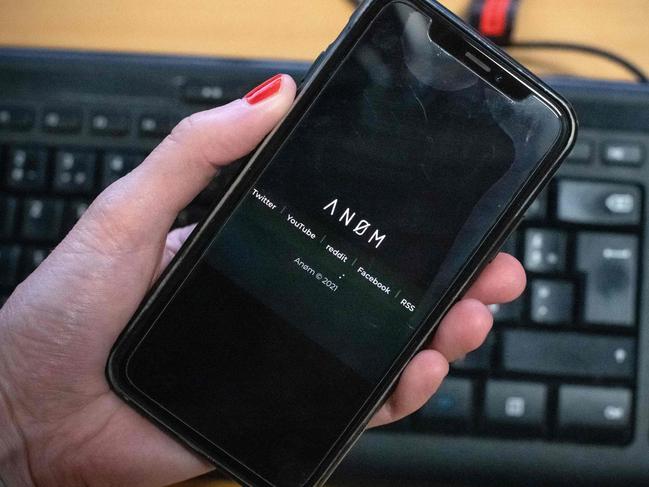 The AN0M app appears on the screen of a smartphone. Picture: AFP