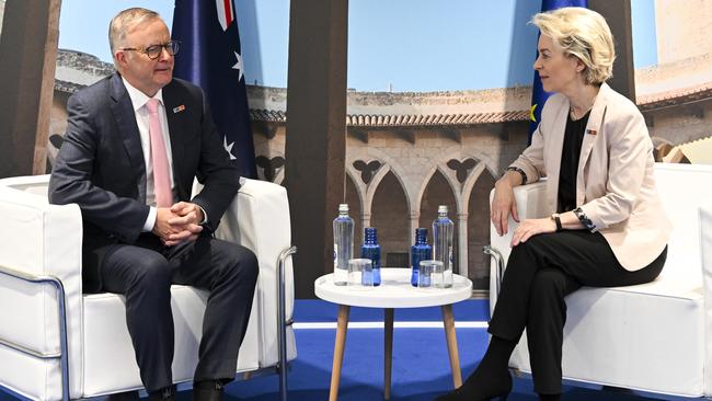 Prime Minister Anthony Albanese and the President of the European Commission Ursula von der Leyen during a bilateral meeting at the NATO Leaders’ Summit in Madrid. Picture: AAP