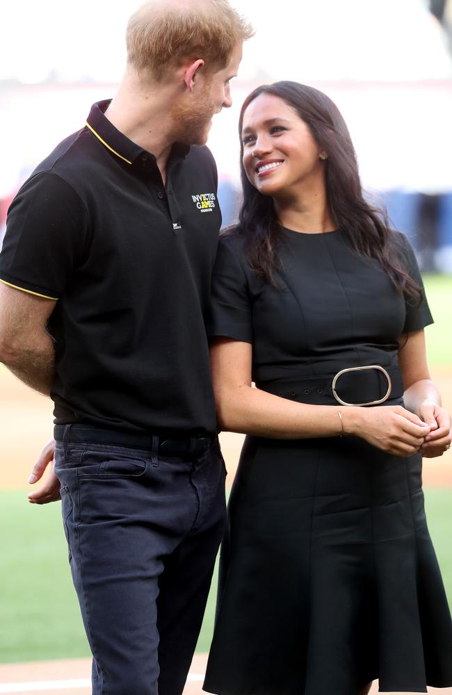 The new parents at the baseball in London in one of Meghan’s few public outings since giving birth. Picture: Chris Jackson/Invictus Games Foundation via Getty Images.