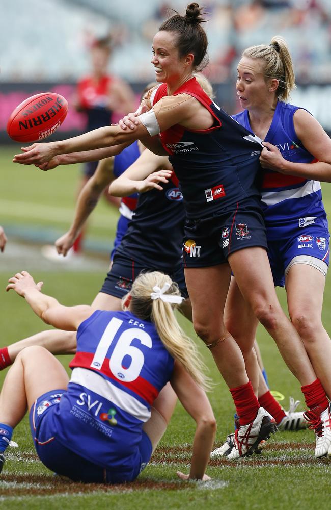 Daisy Pearce in the thick of the action. Picture: Wayne Ludbey