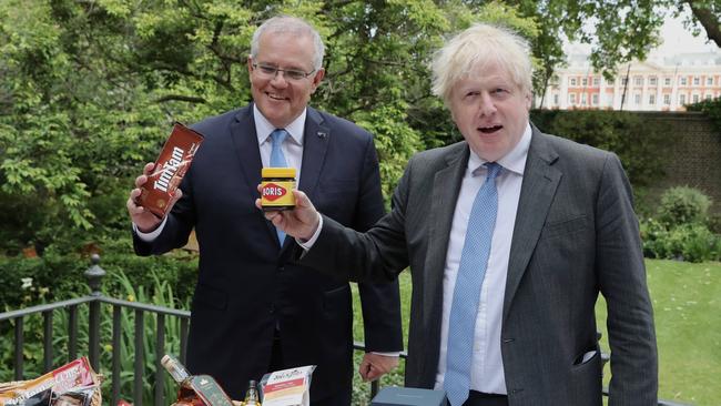 Australian Prime Minister Scott Morrison meets with British Prime Minister Boris Johnson at No.10 Downing Street for morning breakfast. Picture: Adam Taylor/