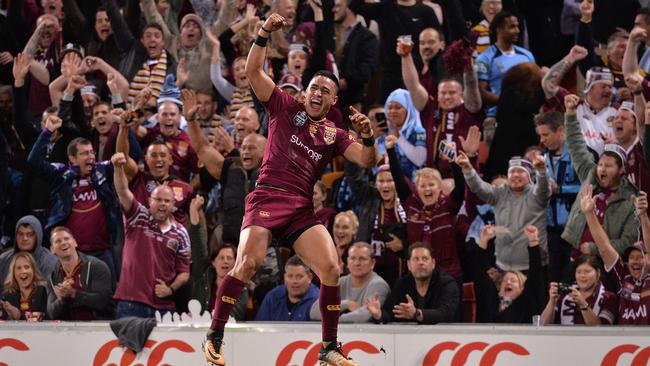 Valentine Homes celebrates after scoring the Maroons’ first try. Photo: Getty Images