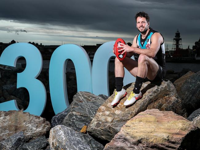 ADELAIDE, AUSTRALIA - JULY 15: Port Adelaide Power player Travis Boak poses during a portrait session in Port Adelaide on July 15, 2021 in Adelaide, Australia. (Photo by Sarah Reed/Getty Images)