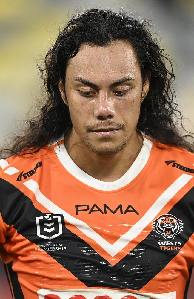 Jarome Luai was sin-binned in Wests Tigers loss to the Cowboys. Picture: Ian Hitchcock/Getty Images