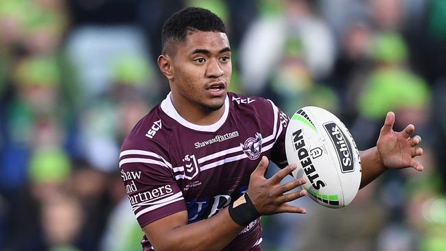 Manase Fainu of the Sea Eagles during the Round 23 NRL match between the Canberra Raiders and the Manly Sea Eagles at GIO Stadium in Canberra, Sunday, August 25, 2019. (AAP Image/Joel Carrett) NO ARCHIVING, EDITORIAL USE ONLY