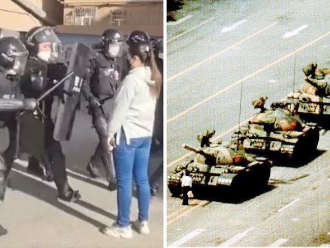 Moment Chinese girl faces down riot cops. Picture: Twitter; Supplied