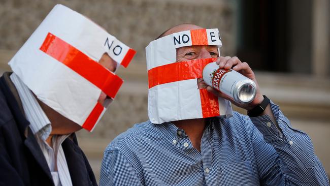 A pro-Brexit demonstrator drinks from a can of Belgian lager as protesters gather in Parliament Square in central London in March, 2019. Picture: Tolga Akmen, via AFP