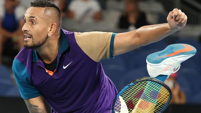 Nick Kyrgios against Ugo Humbert on John Cain Arena on Wednesday night. Picture: Michael Klein