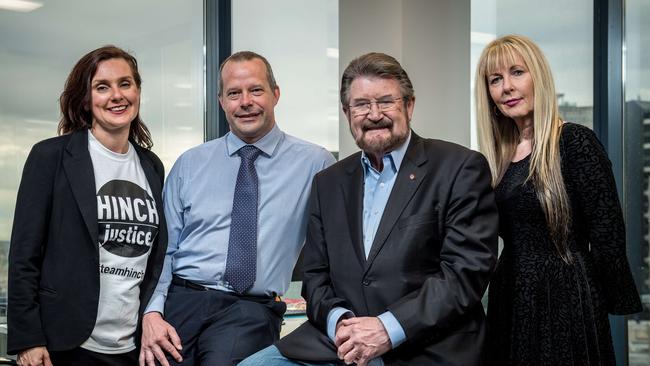 Catherine Cumming (left) with Derryn Hinch and Justice Party colleagues before they split last year. Picture: Jake Nowakowski