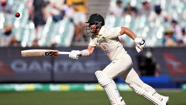 David Warner, in his 100th Test, played with intent to reach stumps unbeaten.. Picture: AFP