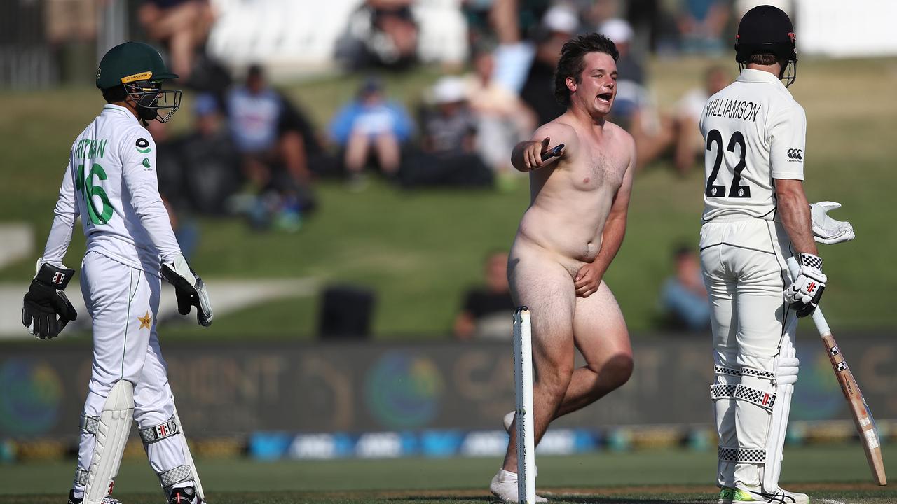 A streaker interupts play during the First Test between New Zealand and Pakistan at Bay Oval. (Photo by Phil Walter/Getty Images)