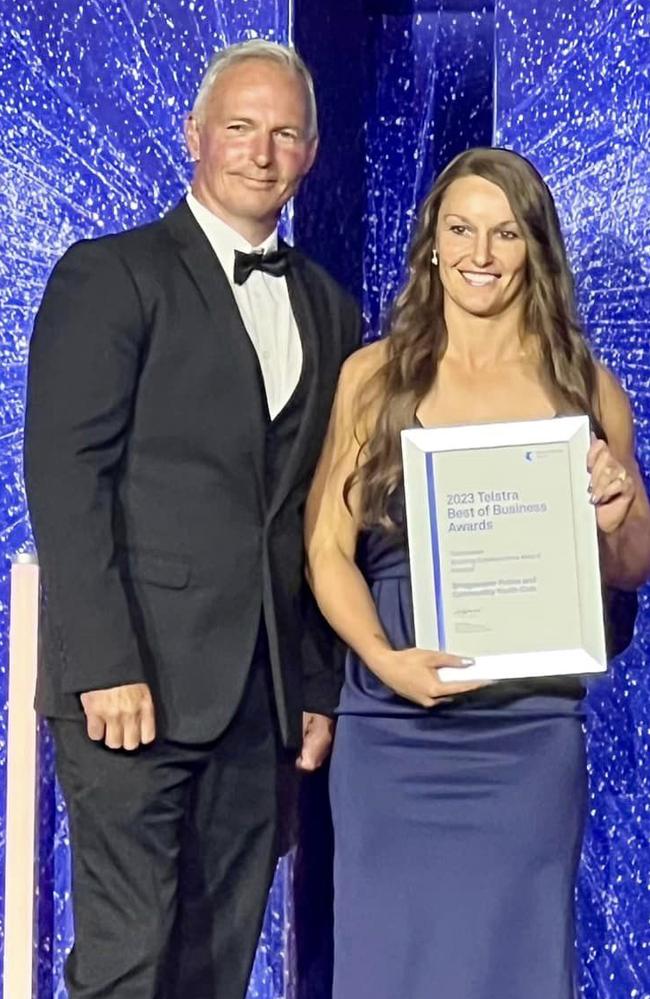 Bridgewater PCYC manager and assistant manager Justin Abrahams and Samantha Sutcliffe (nee Andrews) at the Telstra Best in Business Awards 2023. Picture: Facebook